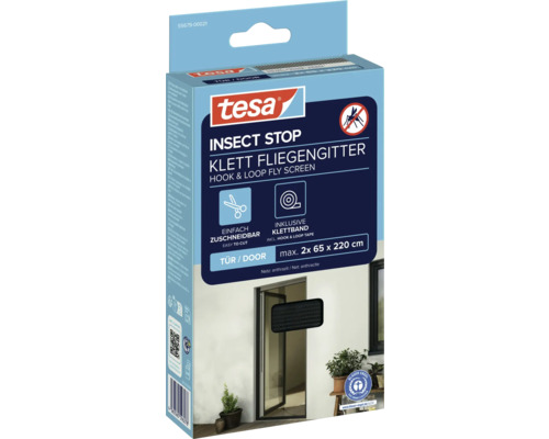 Tesa Insect Stop Klett Fliegengitter für Türen, maximal 2x 65 x 220 cm, inklusive Klettband