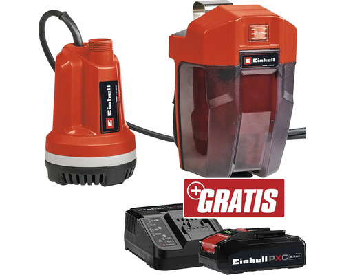 Akku Klarwasser Tauchdruckpumpe Einhell Power-X-Change GE-PP 18 RB Li + GRATIS Zugabeartikel PXC Starter-Kit 18V 2,5 Ah Tauchpumpe, Schmutzwasserpumpe, Akku und Ladegerät von Einhell