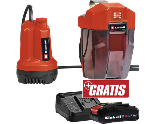 Akku Klarwasser Tauchdruckpumpe Einhell Power-X-Change GE-SP 18 Li + GRATIS Akku 18 V 3,0 Ah Einhell Schmutzwasserpumpe mit Batterie, Ladegerät und einem kostenlosen Einhell PXC Akku