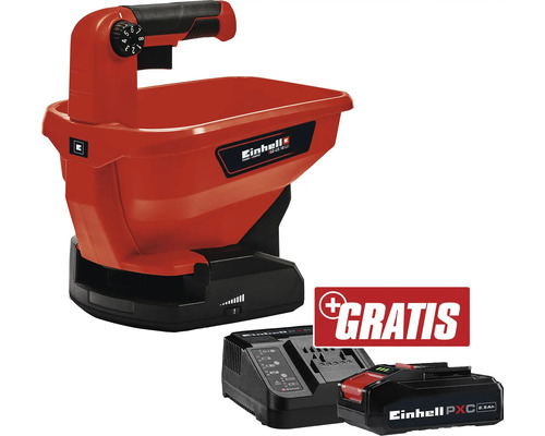 Akku Universal-Streuer Einhell Power-X-Change GE-US 18 Li + GRATIS Zugabeartikel PXC Starter-Kit 18V 2,5 Ah Einhell GE-US 18 Li Akku-Universalstreuer mit Akku und Ladegerät