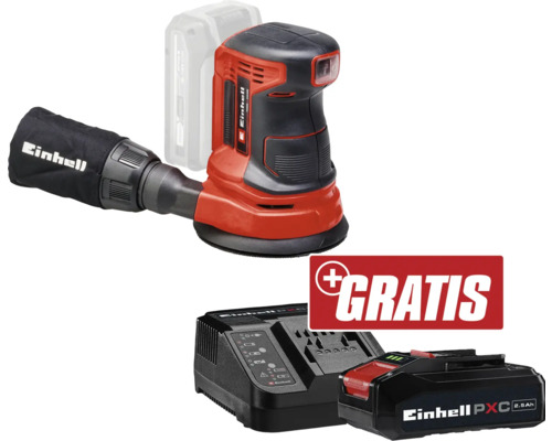 Akku-Exzenterschleifer Einhell Power X-Change TE-RS 18 Li + GRATIS Zugabeartikel PXC Starter-Kit 18V 2,5 Ah Einhell Exzenterschleifer mit Staubfangsack, Ladegerät und Akku gratis