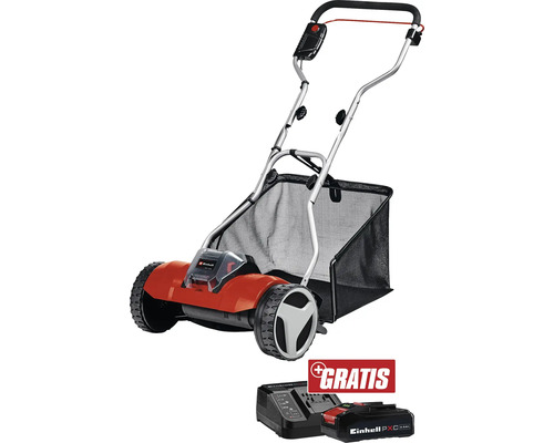 Akku Spindelmäher Einhell Power-X-Change GE-HM 18/38 Li + GRATIS Zugabeartikel PXC Starter-Kit 18V 2,5 Ah Einhell Akku-Vertikutierer mit Fangkorb, Ladegerät und Akku