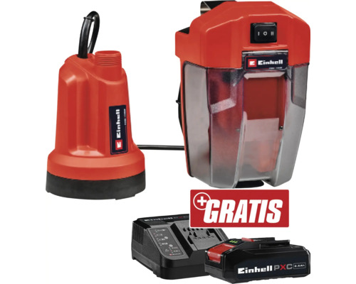 Akku Klarwasserpumpe Einhell Power X-Change GE-SP 18 LL Li + GRATIS Zugabeartikel PXC Starter-Kit 18V 2,5 Ah Einhell Akku-Klarwasser-Tauchpumpe GE-PP 18 RB Li mit Schmutzwasser-Auffangsack, Akku und Ladegerät