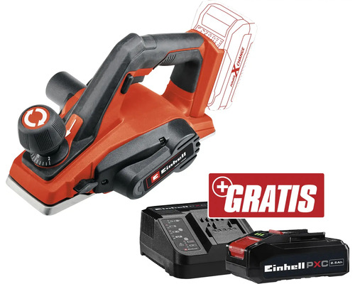 Akku-Hobel Einhell Power X-Change TE-PL 18/82 Li + GRATIS Zugabeartikel PXC Starter-Kit 18V 2,5 Ah Einhell Hobel mit Akku, Ladegerät und Gratis-Aktion