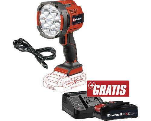 Akku- Lampe Baustrahler Einhell Power X-Change TC-CL 18/2500 Li + GRATIS Zugabeartikel PXC Starter-Kit 18V 2,5 Ah Einhell Akku-LED-Strahler mit Ladegerät, Akku und Autoadapter