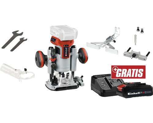 Akku-Oberfräse Einhell Power X-Change TP-RO 18 Li + GRATIS Zugabeartikel PXC Starter-Kit 18V 2,5 Ah Einhell Akku-Oberfräse mit Zubehör, Akku und Ladegerät