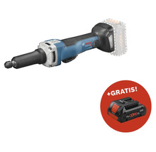 Bosch Professional Akku-Geradschleifer mit einem zusätzlichen Akku in einer roten Kreismarkierung.