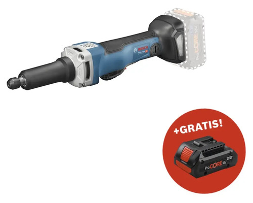 Akku-Geradschleifer Bosch Professional GGS 18V-23 PLC + GRATIS Zugabeartikel Akkupack Bosch Professional ProCORE18V 4.0Ah Bosch Professional Akku-Geradschleifer mit einem zusätzlichen Akku in einer roten Kreismarkierung.