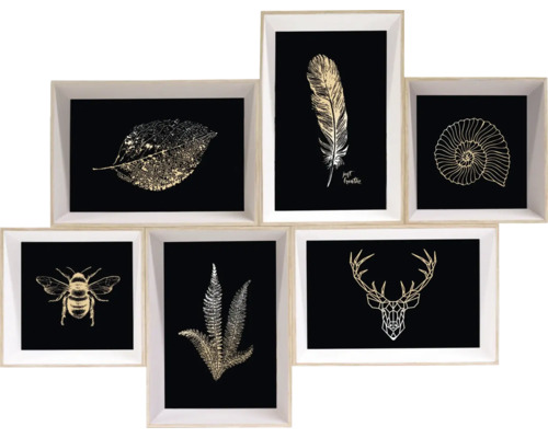 Mehrteiliges Wandbild mit Motiven von Blatt, Feder, Muschel, Biene, Farn und Hirschgeweih