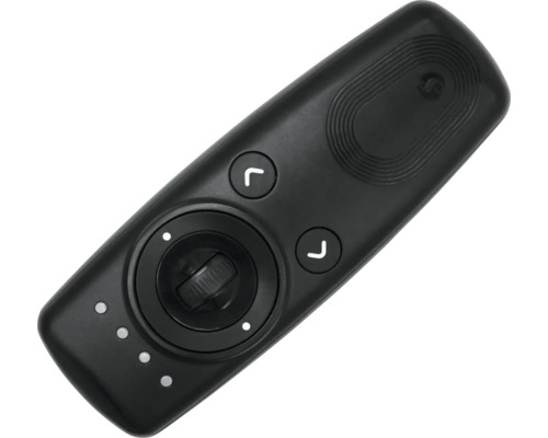 Schwarze Fernbedienung mit Tasten und Drehknopf