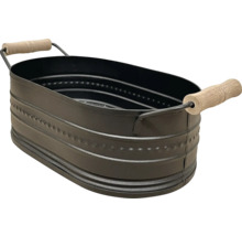 Ovale Pflanzschale aus Metall mit Holzgriffen