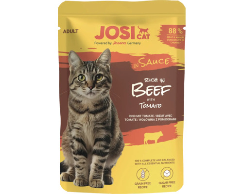 Katzenfutter nass JosiCat Rich in Beef in Sauce with tomato 85 g, mit Rind in Soße Josi Cat Adult Katzenfutter mit Rind und Tomate
