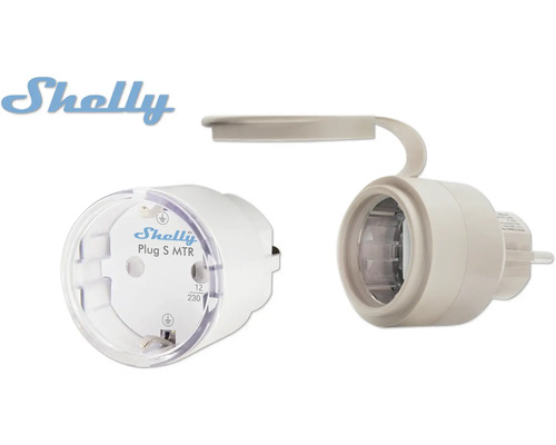 Shelly Logo und zwei Shelly Plug S MTR Steckdosen