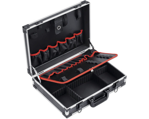 Geöffneter Werkzeugkoffer aus Aluminium mit Fächern und Tragegriff