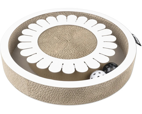 Kratzbrett District 70 weiß Katzen Spielzeug aus Pappe mit Spielbällen