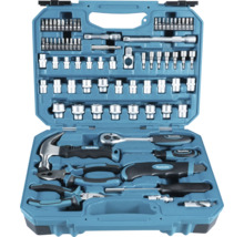 Geöffneter Werkzeugkoffer mit Hammer, Zangen, Schraubendrehern, Steckschlüsseln und Bits von Makita