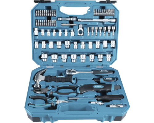 Geöffneter Werkzeugkoffer mit Hammer, Zangen, Schraubendrehern, Steckschlüsseln und Bits von Makita