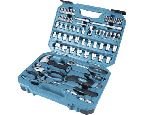 Makita Werkzeugkoffer mit Hammer, Zangen, Schraubenschlüssel und Steckschlüsseln