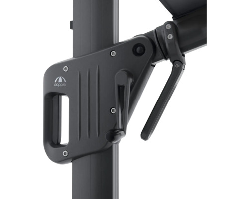 Detailaufnahme eines Sonnenschirms mit Kurbelmechanismus und Doppler Logo