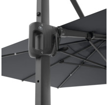 Detailansicht eines Sonnenschirms mit Kurbelmechanismus.