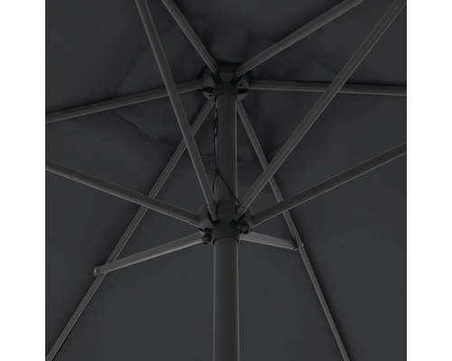 Ansicht von unten auf einen Sonnenschirm mit Metallgestell