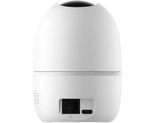 Rückansicht einer weißen Überwachungskamera mit Anschlüssen