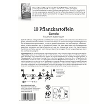 Verpackung mit Pflanzkartoffeln der Sorte Gunda und Pflanzanleitung