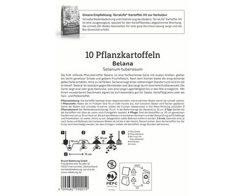 Packung Pflanzkartoffeln der Sorte Belana mit Pflanzanleitung und Entsorgungshinweisen