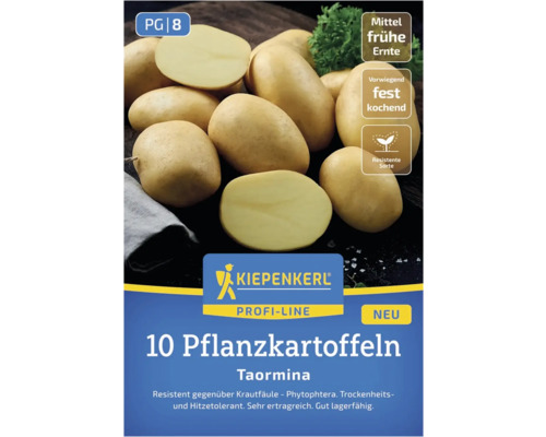10 Saatkartoffeln der Sorte Taormina auf einer Verpackung von Kiepenkerl