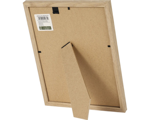 Rückseite eines hellen Holzbilderrahmens mit Aufsteller