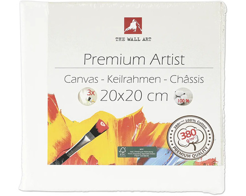 Premium Künstler Leinwand Keilrahmen 20x20 cm, dreifach grundiert, aus 100 Prozent Baumwolle