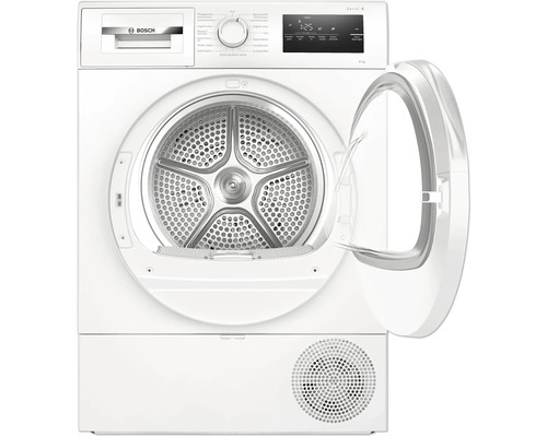 Frontansicht eines geöffneten, weißen Bosch Wärmepumpentrockners