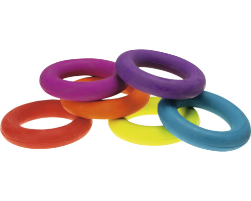Hundespielzeug Karlie Ring Gummi farblich sortiert ca. 9 x 9 x 1,5 cm, blau, gelb, orange, Apportierspielzeug Mehrfarbige Gymnastikringe aus Kunststoff