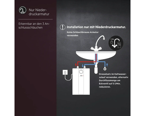 Installationshinweis für drucklose Armatur mit drei Anschlussschläuchen