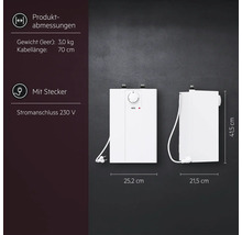 Abmessungen und Details des AEG Warmwasserspeichers mit Stecker und 230 V Stromanschluss