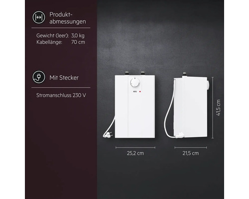Abmessungen und Details des AEG Warmwasserspeichers mit Stecker und 230 V Stromanschluss