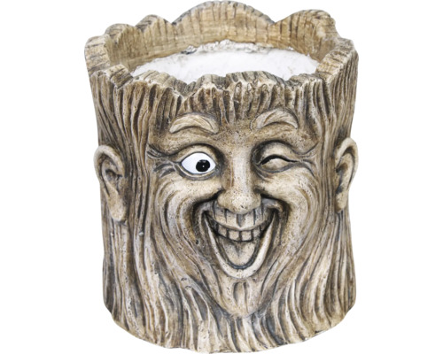 Blumentopf in Form eines Baumgesichts mit grinsendem Ausdruck