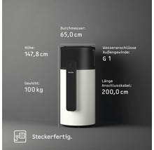 Warmwasserspeicher mit den Maßen 65,0 cm Durchmesser, 147,8 cm Höhe, 100 kg Gewicht, G 1 Wasseranschlüsse Außengewinde und 200,0 cm Länge Anschlusskabel