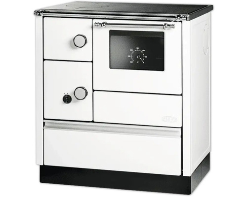 Festbrennstoffherd Lohberger Cook 75 weiß Backofen rechts mit Stahlplatten-Kochfeld Holzherd mit Kochfeld und Backofen