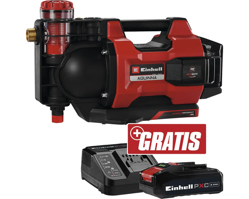 EINHELL Akku-Gartenpumpe AQUINNA36/38F LED automatic Solo + GRATIS Zugabeartikel PXC Starter-Kit 18V 2,5 Ah Einhell Aquinna Hauswasserwerk mit Batterie, Ladegerät und zusätzlicher Batterie