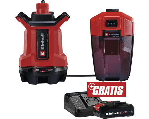 EINHELL Akku-Schmutzwasserpumpe GE-DP 18/25 Li-Solo + GRATIS Zugabeartikel PXC Starter-Kit 18V 2,5 Ah Einhell Akku-Regenfasspumpe mit Regensensor, Batterie und Ladegerät