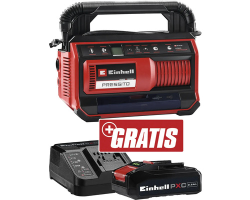 Einhell PRESSITO 18/25 Hybrid 2,5Hybrid-Kompressor + GRATIS Zugabeartikel PXC Starter-Kit 18V 2,5 Ah Einhell Pressito 18 Volt Hybrid Kompressor mit Akku-Ladegerät und Akku gratis