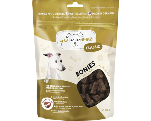 Hundesnack yummeez Geflügel 175 g Hundeleckerli, Trainingssnack, getreidefrei, ohne Zucker Yummeez Classic Bonies mit Geflügel, getreidefreie Hundesnacks in wiederverschließbarer Verpackung
