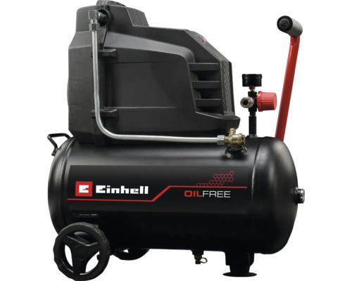 Ein schwarzer, ölfreier Einhell Kompressor mit Rädern und rotem Griff.