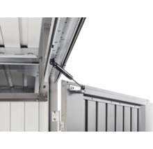 Detailansicht einer Gerätehaus-Tür mit Gasdruckfeder