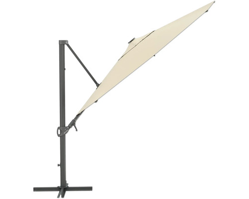 Freiarm-Sonnenschirm mit grauem Gestell und hellem Schirmtuch