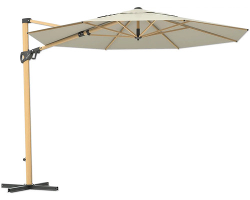 Freiarm-Sonnenschirm mit Holzständer und grauem Schirm