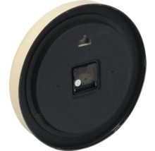 Rückseite einer Wanduhr mit Uhrwerk und Aufhängevorrichtung