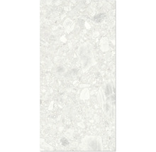 Nahaufnahme einer Bodenfliese mit Terrazzo-Optik.