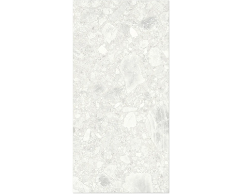 Nahaufnahme einer Bodenfliese mit Terrazzo-Optik.